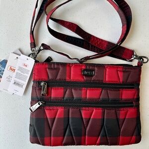 Lug Dazzle Red Buffalo Check 3 Zip RFID Bag w/Crossbody & Wristlet Straps NWT